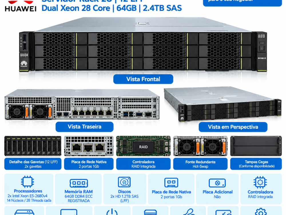 Alternative view of Servidor Huawei RH2288H V3 12 LFF Dual Xeon 28 Core 64GB 2.4TB SAS