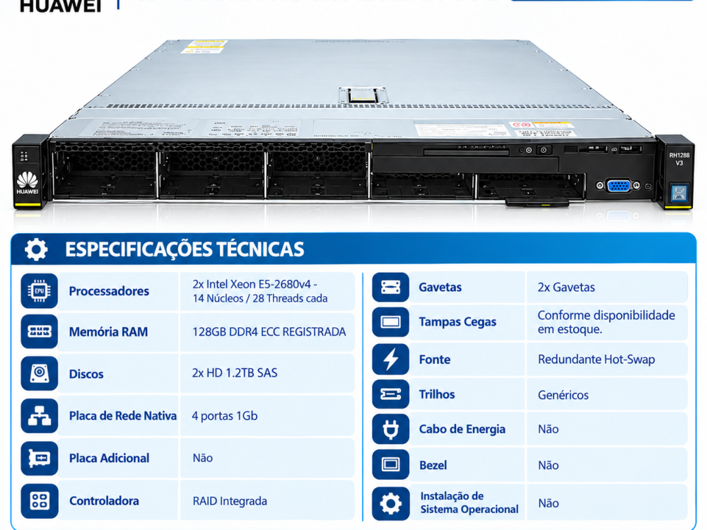 Alternative view of Servidor Huawei RH1288 V3 8 Sff Dual Xeon 28 Core 128GB 2.4TB SAS
