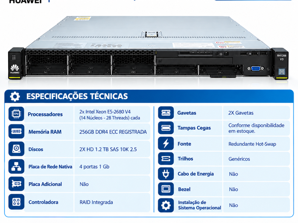 Alternative view of Servidor Huawei RH1288 V3 8 Sff Dual Xeon 28 Core 256GB 2.4TB SAS
