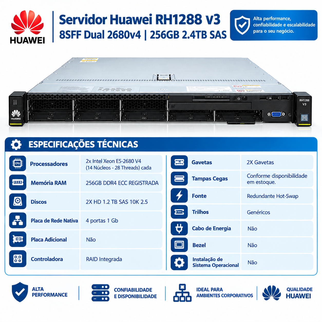Servidor Huawei RH1288 V3 8 Sff Dual Xeon 28 Core 256GB 2.4TB SAS - Imagem 2