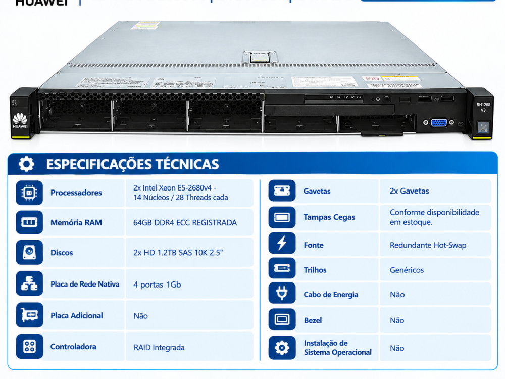 Alternative view of Servidor Huawei RH1288 V3 8 Sff Dual Xeon 28 Core 64GB 2.4TB SAS