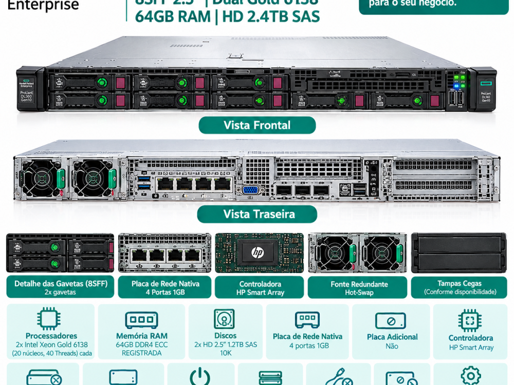 Alternative view of Servidor HP DL360 G10 8SFF Dual Gold 6138 64GB 2.4TB SAS