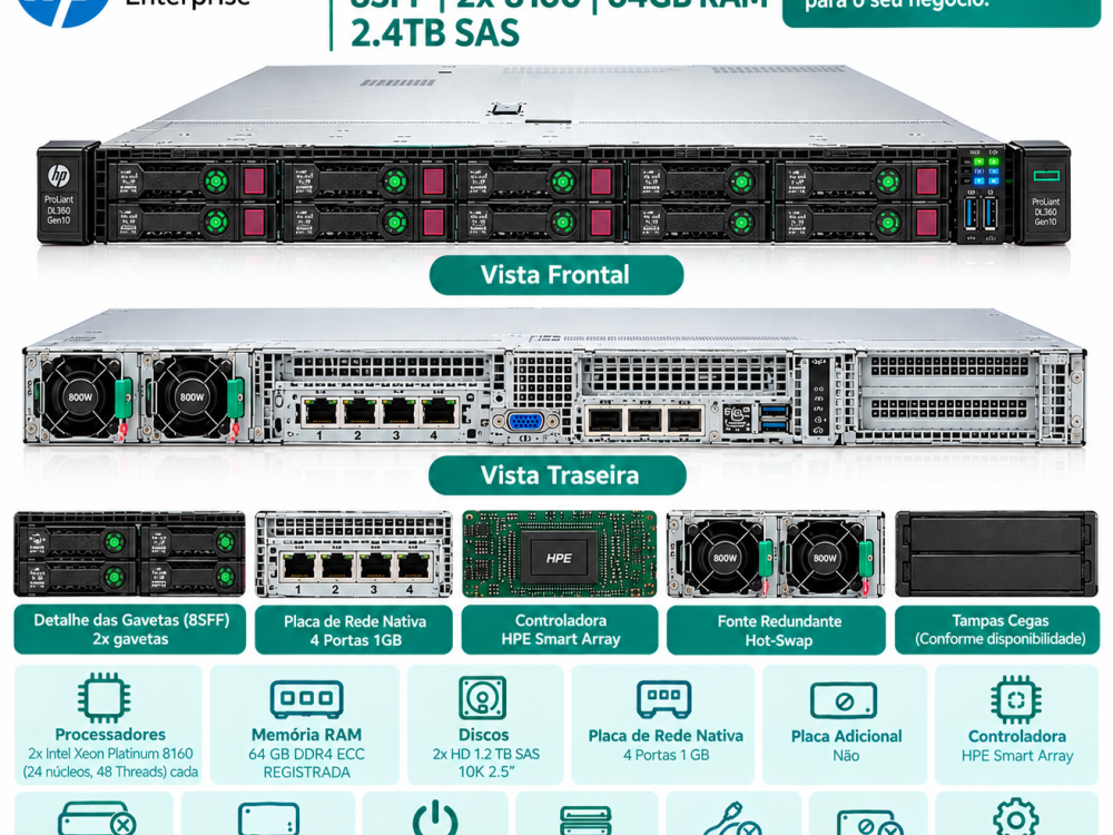 Alternative view of Servidor HP DL360 G10 8SFF Dual Platinum 8160 64GB 2.4TB SAS