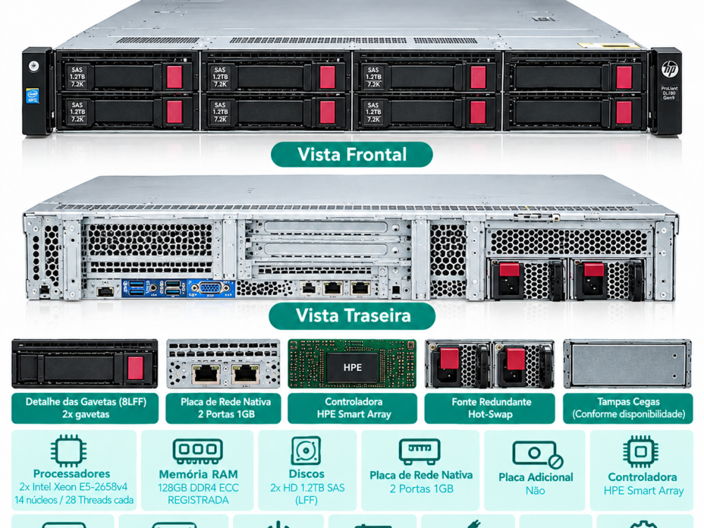 Alternative view of Servidor HP DL180 G9 8LFF Dual E5-2658v4 128GB 2.4TB SAS