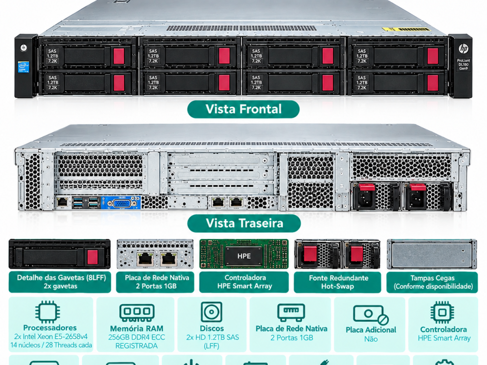 Alternative view of Servidor HP DL180 G9 8LFF Dual E5-2658v4 256GB 2.4TB SAS