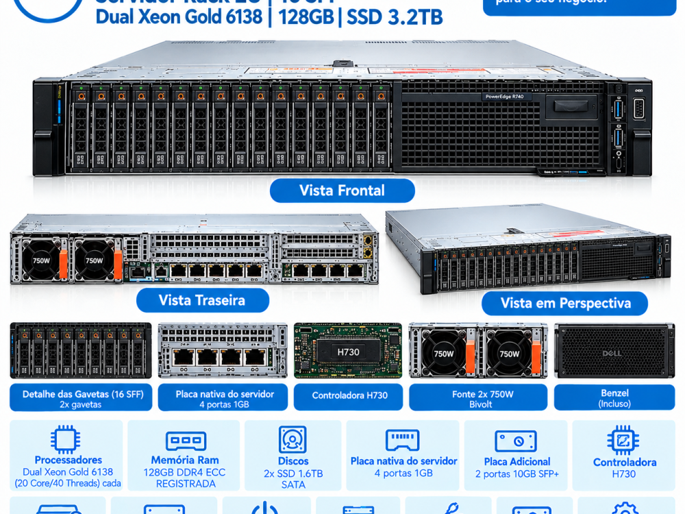 Alternative view of Servidor Dell R740 16SFF Dual Gold 6138 128Gb SSD 3.2Tb