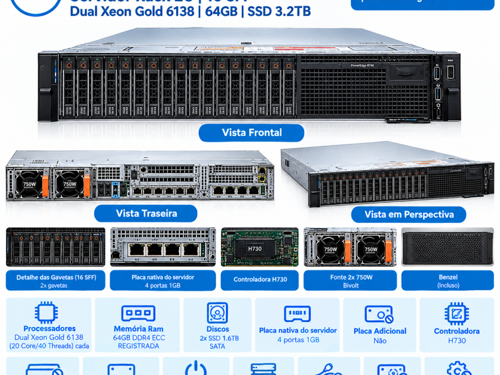 Alternative view of Servidor Dell R740 16SFF Dual Gold 6138 64GB SSD 3.2Tb