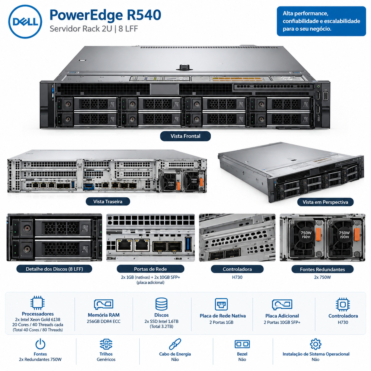 Servidor Dell R540 8LFF Dual Xeon Gold 6138 64GB 3.2TB SSD - Imagem 2