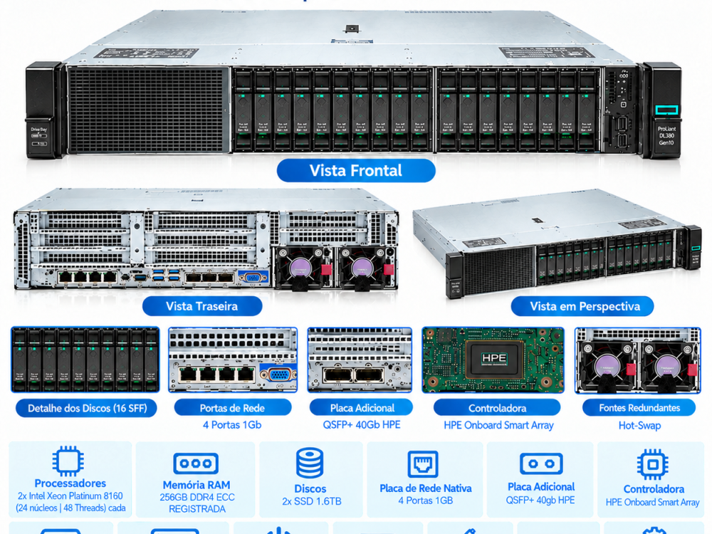 Alternative view of Servidor HP DL380 G10 16SFF NVME Dual Platinum 8160 256GB SSD 3.2TB