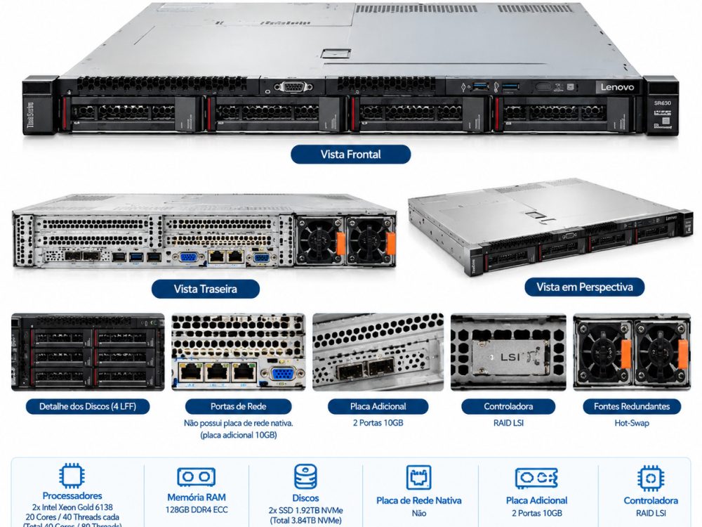 Servidor Lenovo SR630 2x Gold 6138 256GB 2x 1.92TB NVMe 4LFF - Imagem 2