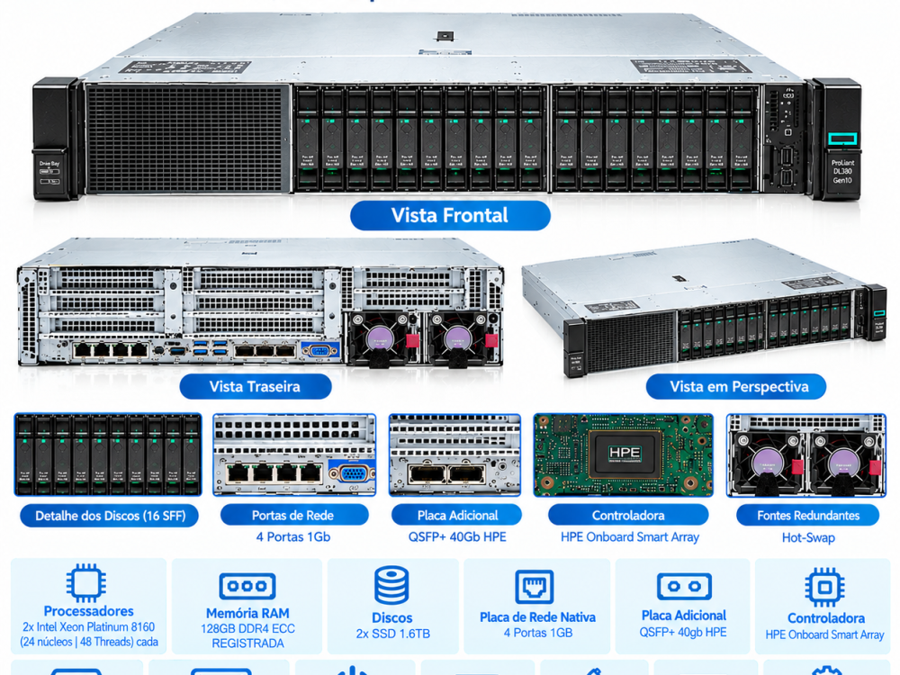 Alternative view of Servidor HP DL380 G10 16SFF NVME Dual Platinum 8160 128GB SSD 3.2TB