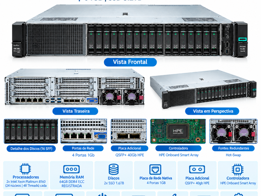Alternative view of Servidor HP DL380 G10 16SFF NVME Dual Platinum 8160 64GB SSD 3.2TB