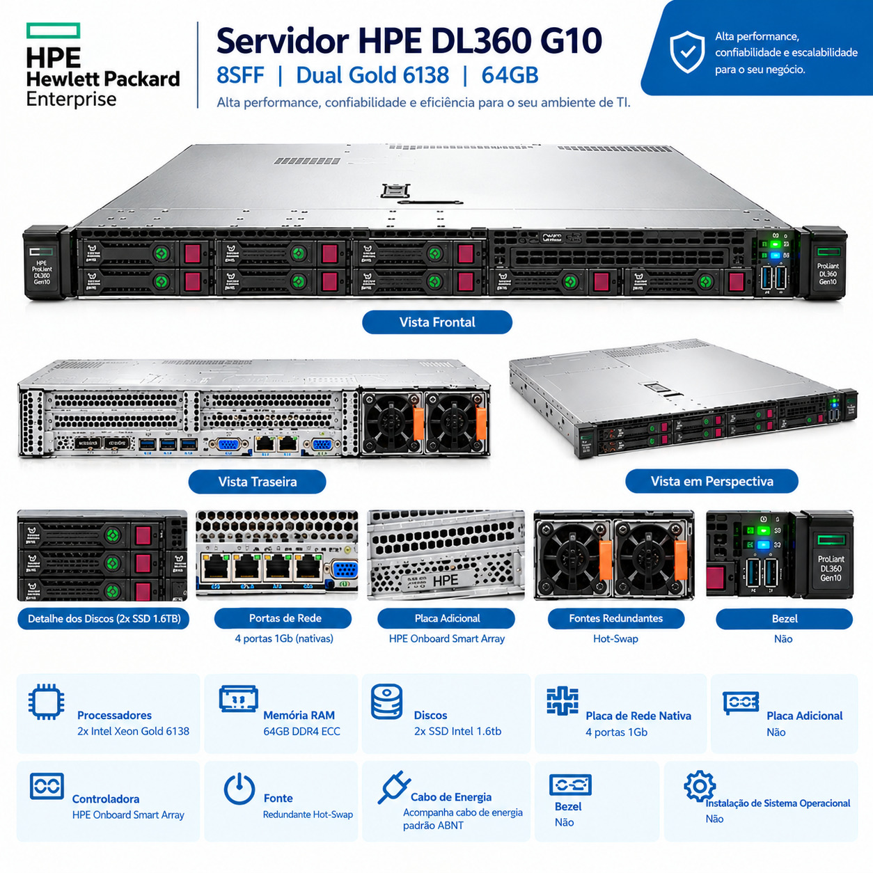 Servidor HP DL360 G10 8SFF Dual Gold 6138 64GB 2x 1.6TB SSD - Imagem 2