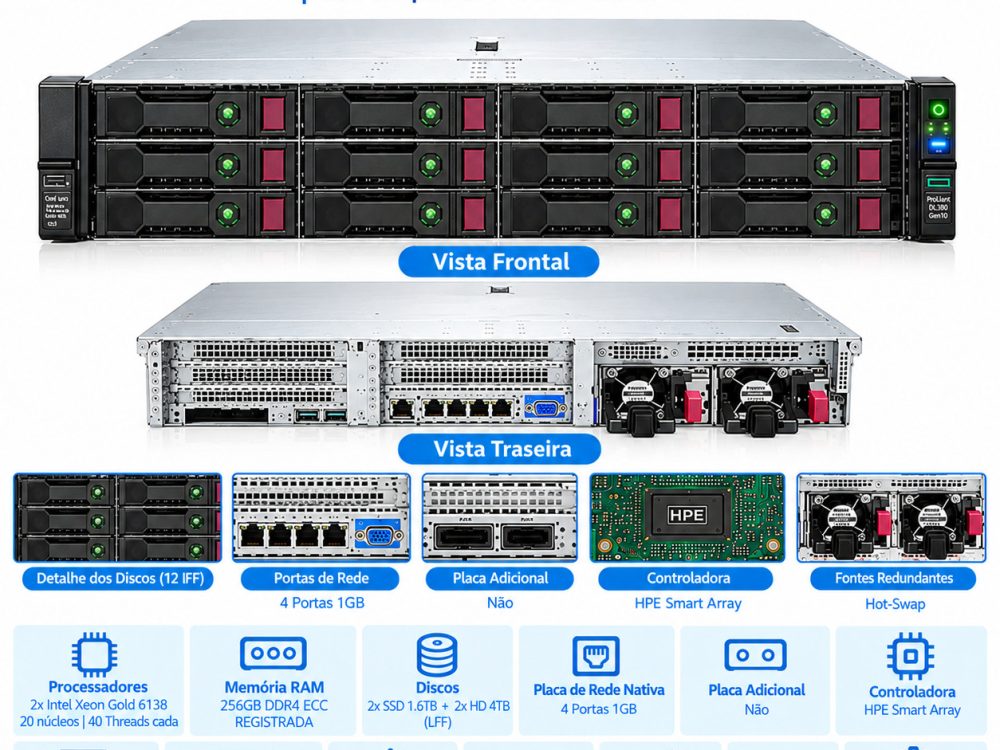 Servidor HP DL380 G10 12LFF Dual Gold 6138 256GB 2xSSD 1.6TB + 2xHD 4TB - Imagem 2