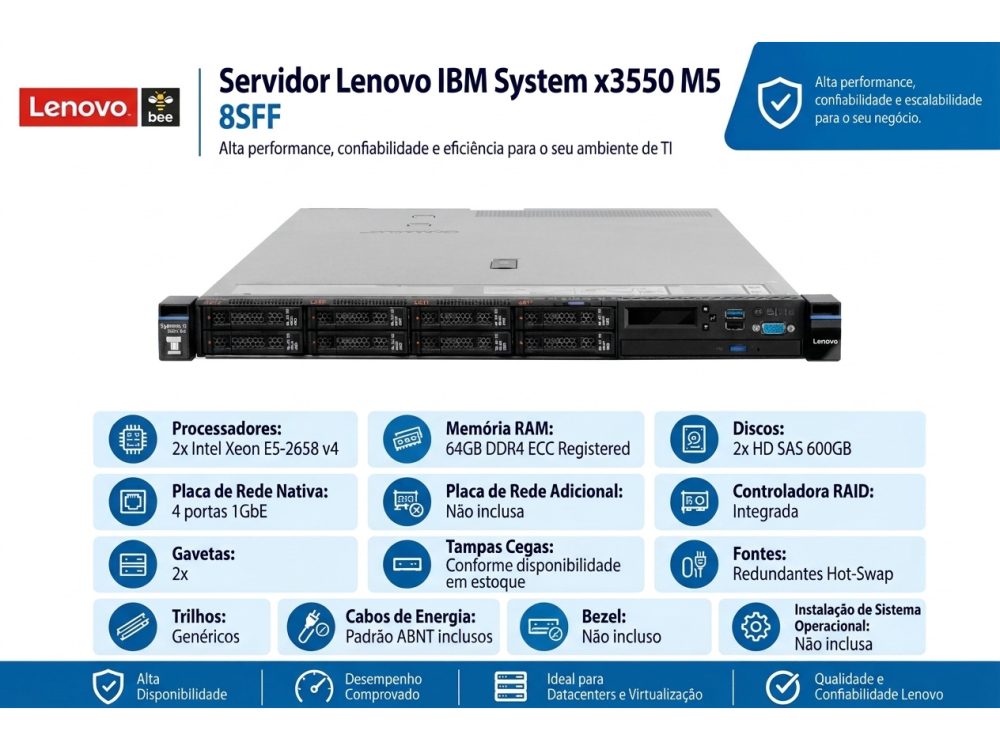 Alternative view of Servidor Lenovo IBM System x3550 M5 2x Intel Xeon E5-2658 v4 32GB RAM 2x HD 600GB SAS