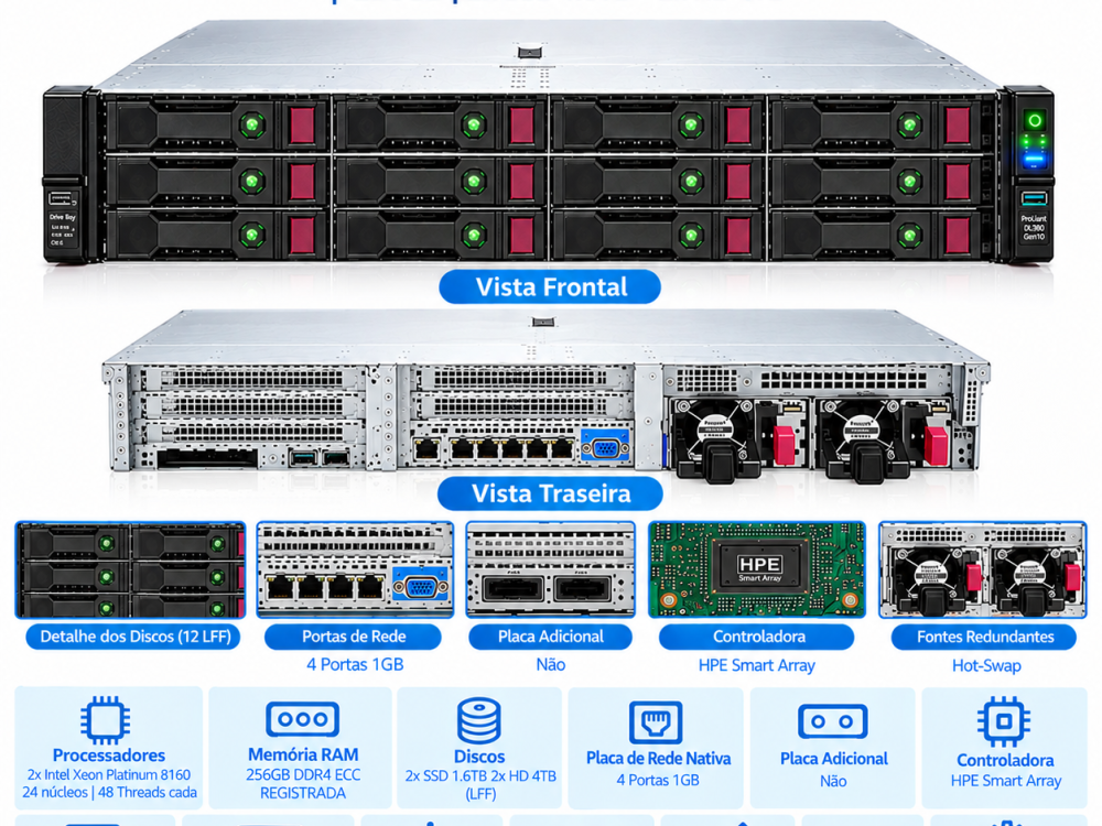 Alternative view of Servidor HP DL380 G10 12LFF Dual Platinum 8160 256GB 2x SSD 1.6TB + 2x HD 4TB