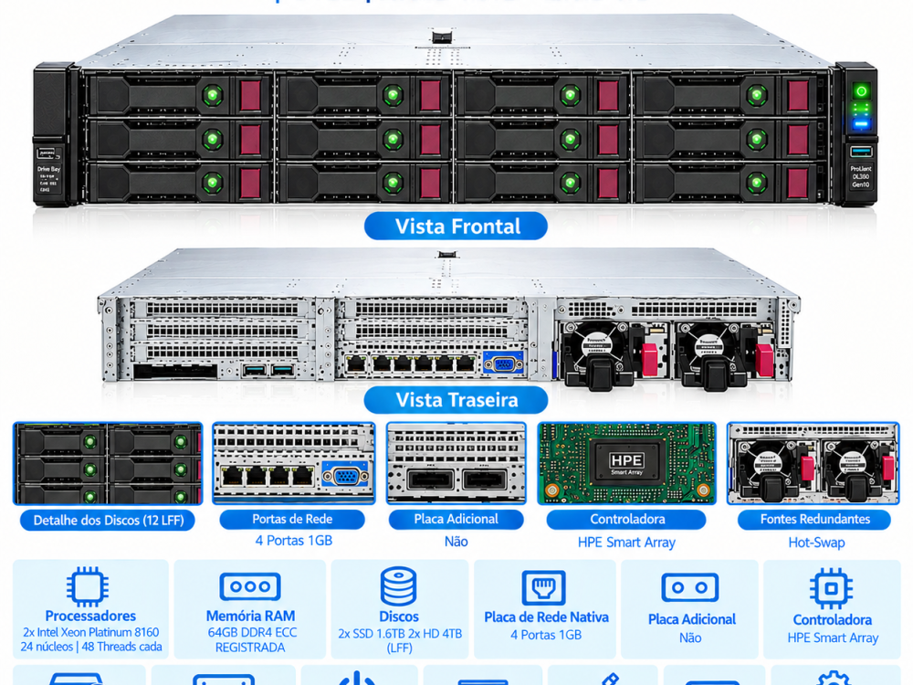 Alternative view of Servidor HP DL380 G10 12LFF Dual Platinum 8160 64GB 2x SSD 1.6TB + 2x HD 4TB