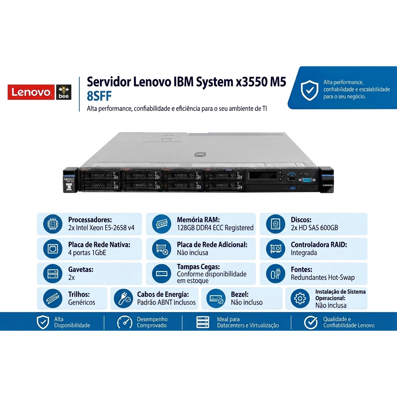Servidor Lenovo IBM System x3550 M5 2x Intel Xeon E5-2658 v4 128GB RAM 2x HD 600GB SAS - Imagem 2